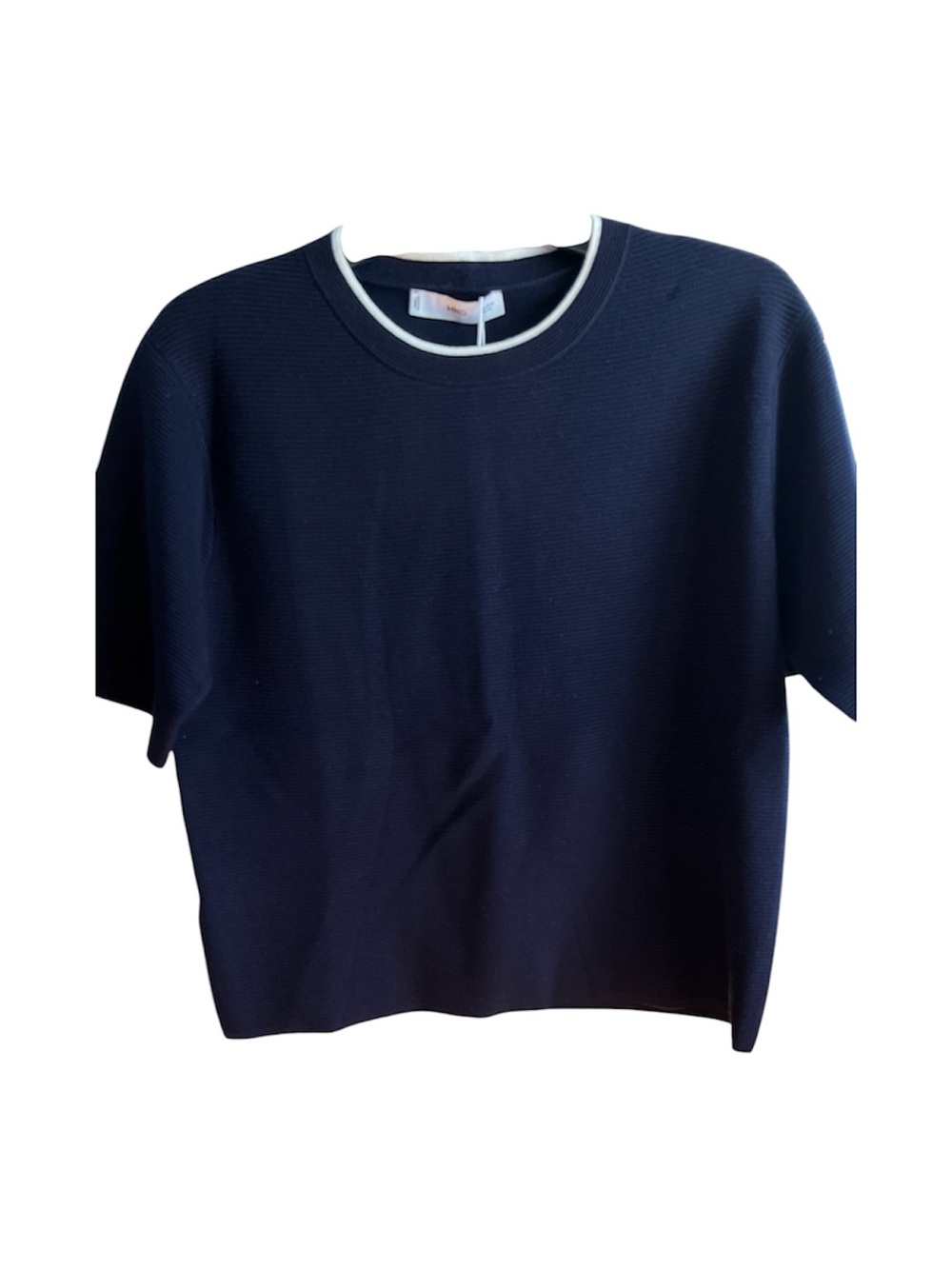 Mango Navy Short -Sleeve cropped Knit Top with White Trim